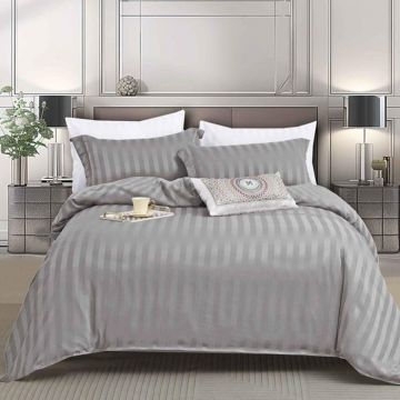 Lenjerie 1 Persoana cu elastic Damasc Stripe Gri deschis 4 Piese (Finet)