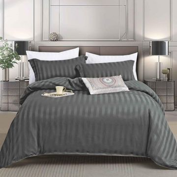 Lenjerie 1 Persoana cu elastic Damasc Stripe Gri inchis 4 Piese (Finet)