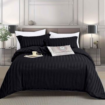 Lenjerie 1 Persoana cu elastic Damasc Stripe Negru 4 Piese (Finet)