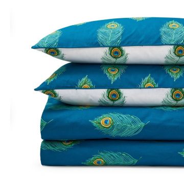 Lenjerie de pat albă/albastru-verde din bumbac pentru pat dublu/extinsă 230x220 cm Peacock Feather – Their Nibs