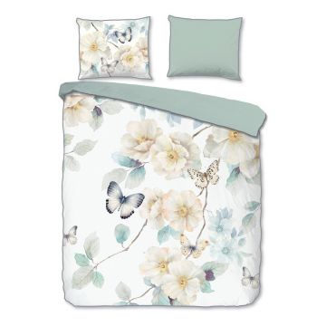 Lenjerie de pat albă/verde din bumbac satinat pentru pat dublu/extinsă 200x220 cm Adiwanya – Descanso
