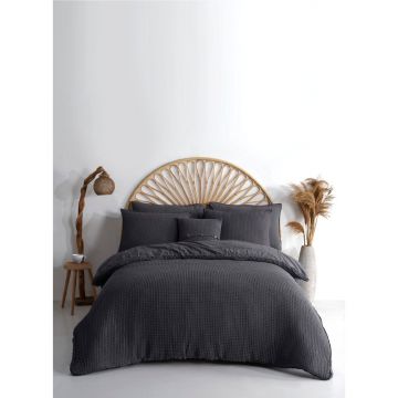 Lenjerie de pat gri antracit din bumbac ranforcé pentru pat dublu/extinsă 240x220 cm Waffle Striped – Mila Home Luxury