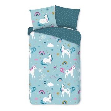 Lenjerie de pat pentru copii albastră din flanelă pentru pat de o persoană, extinsă 140x220 cm Snowycorn – Good Morning