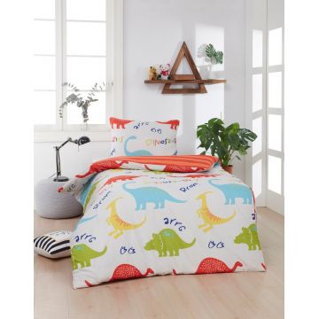 Lenjerie de pat pentru o persoana 2 piese, Dinazorus - White, EnLora Home, 65% bumbac/35% poliester