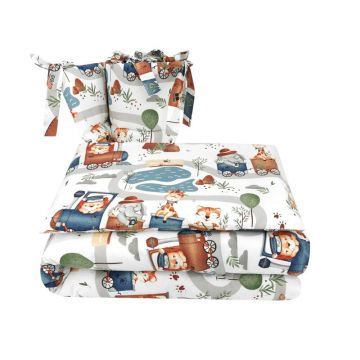Lenjerie patut cu 3 piese, MimiNu, Pentru patut 120x60 cm, Cu protectie laterala, Din bumbac, Din bumbac certificat Oeko Tex Standard 100, Design, Zoo in train