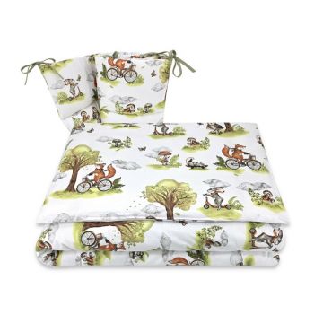 Lenjerie patut 3 piese, Qmini, Pentru patut 120x60 cm, Cu protectie laterala, Din bumbac certificat Oeko Tex Standard 100, Fox on bikes Natural