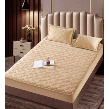 Husa matlasata tip topper din catifea, 140x200cm + 2 fete de perna 50x70cm - Bej