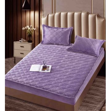 Husa matlasata tip topper din catifea, 140x200cm + 2 fete de perna 50x70cm - Mov