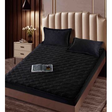 Husa matlasata tip topper din catifea, 140x200cm + 2 fete de perna 50x70cm - Negru
