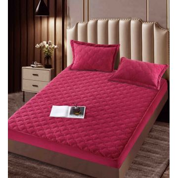 Husa matlasata tip topper din catifea, 140x200cm + 2 fete de perna 50x70cm - Rosu