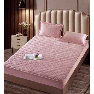 Husa matlasata tip topper din catifea, 140x200cm + 2 fete de perna 50x70cm - Roz