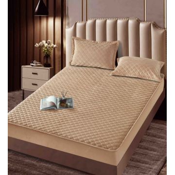 Husa matlasata tip topper din catifea, 160x200cm + 2 fete de perna 50x70cm - Bej