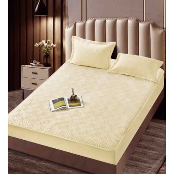 Husa matlasata tip topper din catifea, 160x200cm + 2 fete de perna 50x70cm - Crem