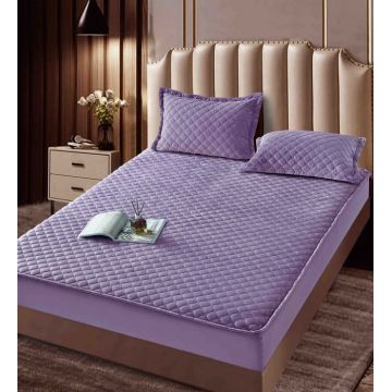 Husa matlasata tip topper din catifea, 160x200cm + 2 fete de perna 50x70cm - Mov