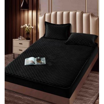 Husa matlasata tip topper din catifea, 160x200cm + 2 fete de perna 50x70cm - Negru