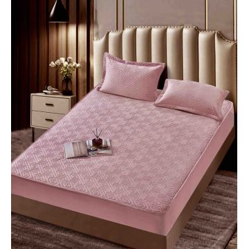 Husa matlasata tip topper din catifea, 160x200cm + 2 fete de perna 50x70cm - Roz