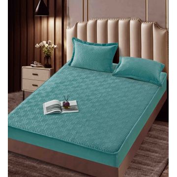 Husa matlasata tip topper din catifea, 160x200cm + 2 fete de perna 50x70cm - Turcoaz