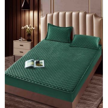 Husa matlasata tip topper din catifea, 160x200cm + 2 fete de perna 50x70cm - Verde