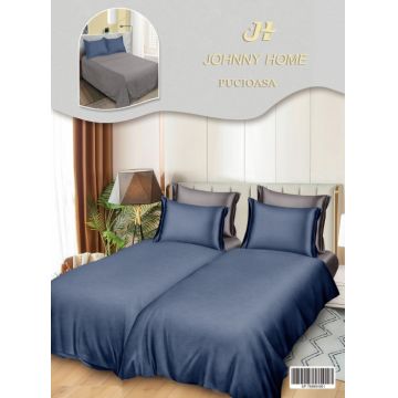 Lenjerie de Pat, 7 Piese, Bumbac Satinat Superior, cu 2 Pilote - Bleumarin