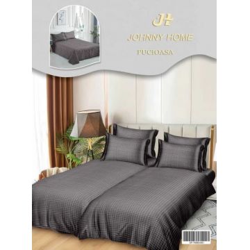 Lenjerie de Pat, 7 Piese, Bumbac Satinat Superior, cu 2 Pilote - Carouri