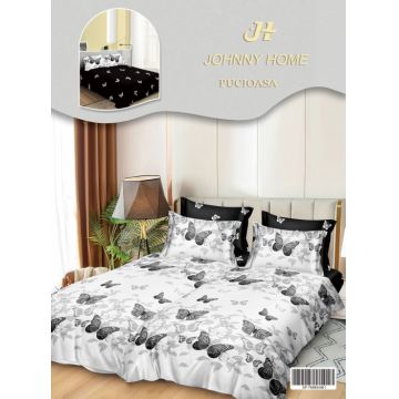 Lenjerie de Pat, 7 Piese, Bumbac Satinat Superior, cu 2 Pilote - Fluturi