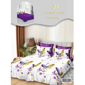 Lenjerie de Pat, 7 Piese, Bumbac Satinat Superior, cu 2 Pilote - Fluturi