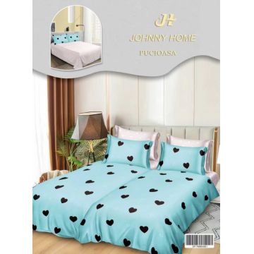 Lenjerie de Pat, 7 Piese, Bumbac Satinat Superior, cu 2 Pilote - Inimioare