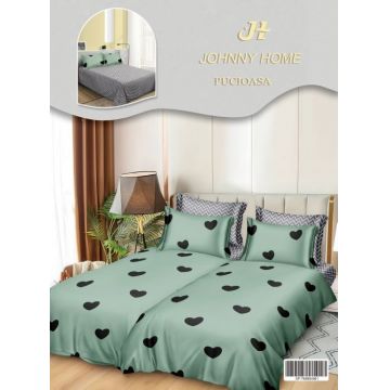 Lenjerie de Pat, 7 Piese, Bumbac Satinat Superior, cu 2 Pilote - Inimioare