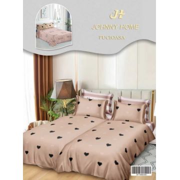 Lenjerie de Pat, 7 Piese, Bumbac Satinat Superior, cu 2 Pilote - Inimioare