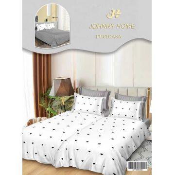 Lenjerie de Pat, 7 Piese, Bumbac Satinat Superior, cu 2 Pilote - Inimioare