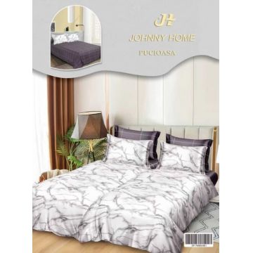 Lenjerie de Pat, 7 Piese, Bumbac Satinat Superior, cu 2 Pilote - Marble