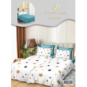 Lenjerie de Pat, 7 Piese, Bumbac Satinat Superior, cu 2 Pilote - Stelute