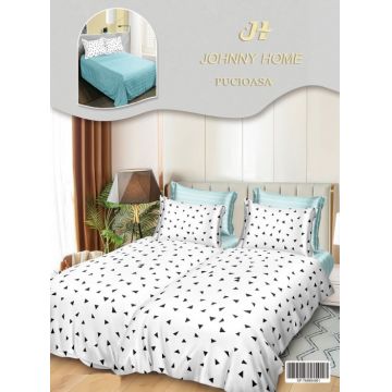 Lenjerie de Pat, 7 Piese, Bumbac Satinat Superior, cu 2 Pilote - Triunghiuri