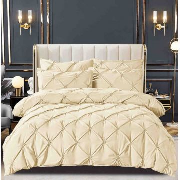 Lenjerie Pat Dublu Brodata cu Pliuri ,   6 Piese, Bumbac Finet, Cearceaf Elastic