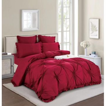 Lenjerie Pat Dublu, Bumbac Finet, 6 Piese, cu Elastic, Pliuri, Volanase si Inimioare Brodate