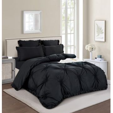 Lenjerie Pat Dublu, Bumbac Finet, 6 Piese, cu Elastic, Pliuri, Volanase si Inimioare Brodate