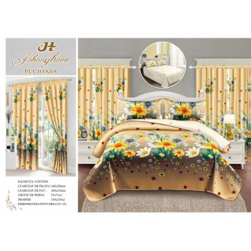 Lenjerie Pat Single, FINET, 6 piese, cu 2 DRAPERII INCLUSE - Camp de flori