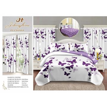Lenjerie Pat Single, FINET, 6 piese, cu 2 DRAPERII INCLUSE - Fluturi Mov