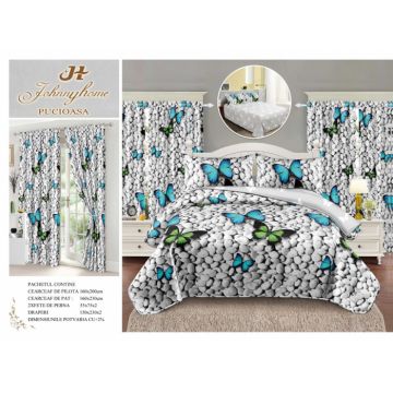 Lenjerie Pat Single, FINET, 6 piese, cu 2 DRAPERII INCLUSE - Fluturi  Pietre