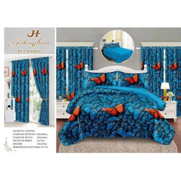 Lenjerie Pat Single, FINET, 6 piese, cu 2 DRAPERII INCLUSE - Fluturi Rosii  Turcoaz