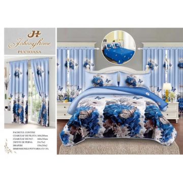 Lenjerie Pat Single, FINET, 6 piese, cu 2 DRAPERII INCLUSE - Fluturi  Zambile