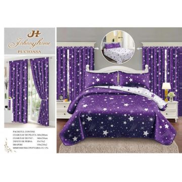 Lenjerie Pat Single, FINET, 6 piese, cu 2 DRAPERII INCLUSE - Mov cu Stelute