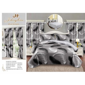Lenjerie Pat Single, FINET, 6 piese, cu 2 DRAPERII INCLUSE - Pene Gri