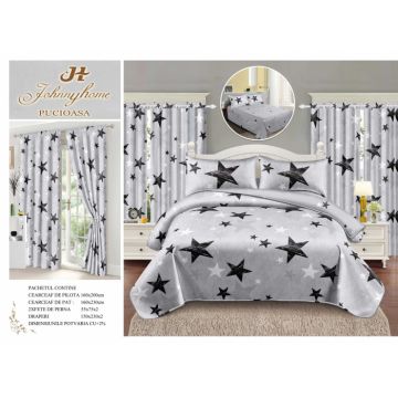 Lenjerie Pat Single, FINET, 6 piese, cu 2 DRAPERII INCLUSE - Stelute Gri