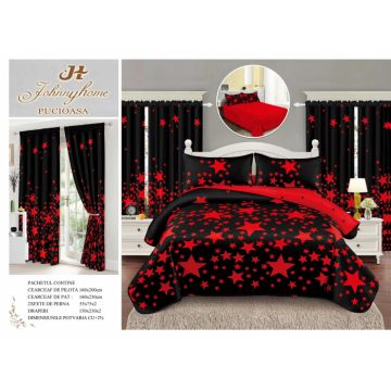 Lenjerie Pat Single, FINET, 6 piese, cu 2 DRAPERII INCLUSE - Stelute Rosii