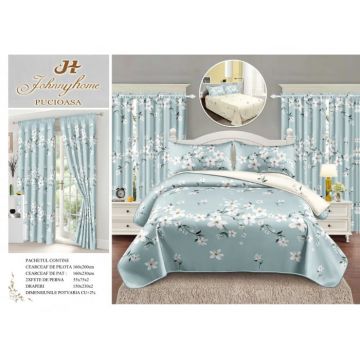 Lenjerie Pat Single, FINET, 6 piese, cu 2 DRAPERII INCLUSE - Verde Menta