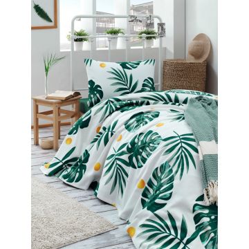 Set Cuvertura Pique pentru pat 1 Persoana Model Monstera Green