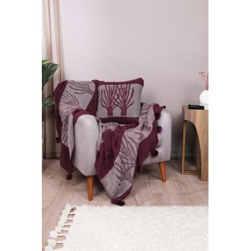 Set Cuvertura Tricotata pentru pat 1 Persoana Model Ponpon Tree Claret Red