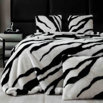 Set de Lux Din Blana Artificiala de Nurca, Cu Fermoar, Hipoalergenic, Patura + 2 Fete de Perna - Alb   Negru