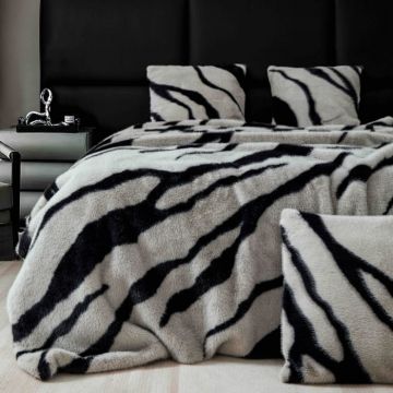 Set de Lux Din Blana Artificiala de Nurca, Cu Fermoar, Hipoalergenic, Patura + 2 Fete de Perna - Gri   Negru